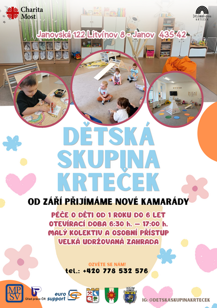 Dětská skupina Krteček hlásí od září 2026 volná místa! Dětská skupina Krteček hlásí od září 2026 volná místa!